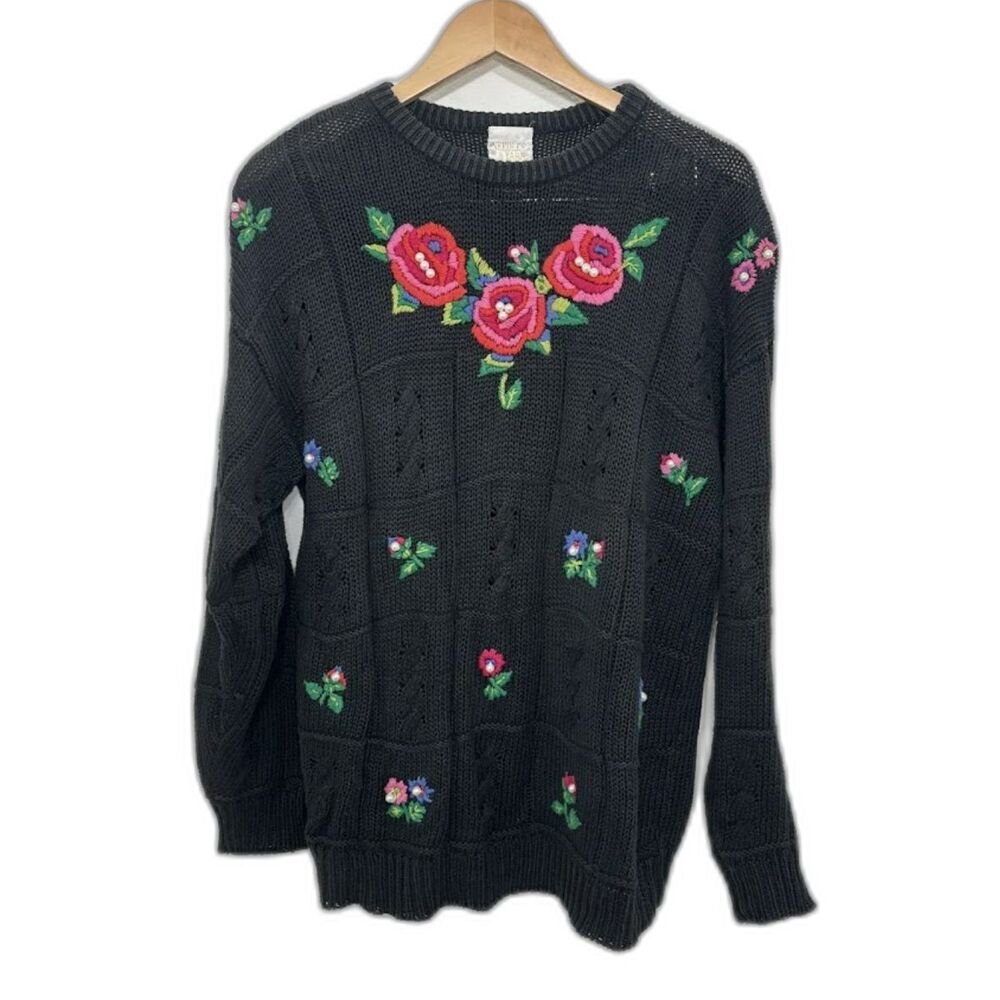 Needles & Yarn Floral Grandma Sweater Black Roses Cottagecore Coquette size M